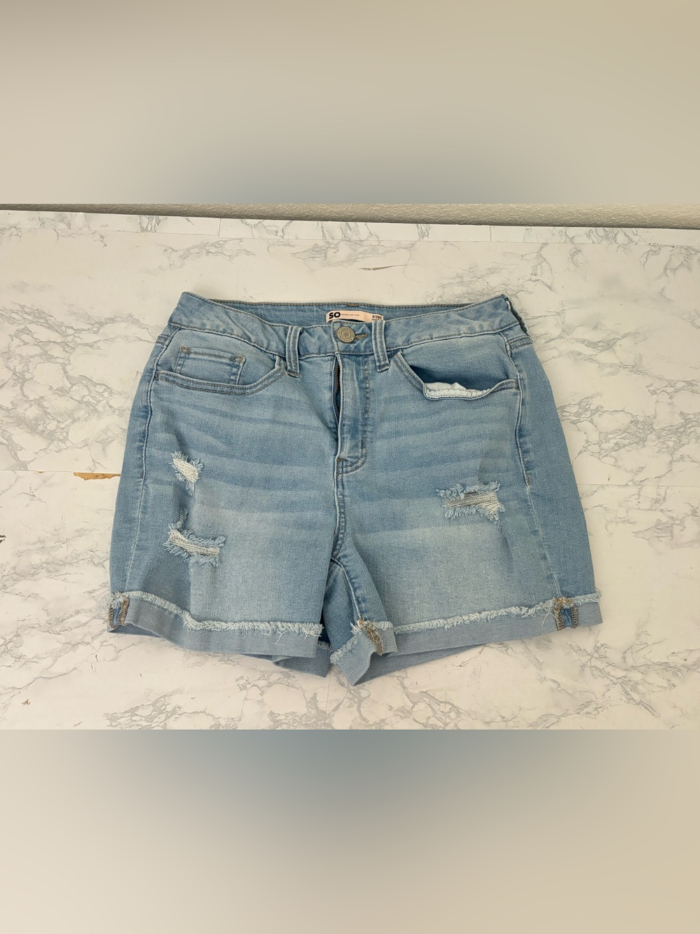 SO High Rise Midi Distressed Denim Jean Shorts Women's 9/29W Light Wash